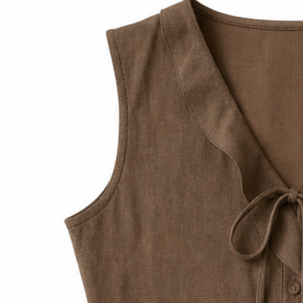 Vellara – Blusa senza maniche con rouches e scollo a V con fiocco e orlo peplum