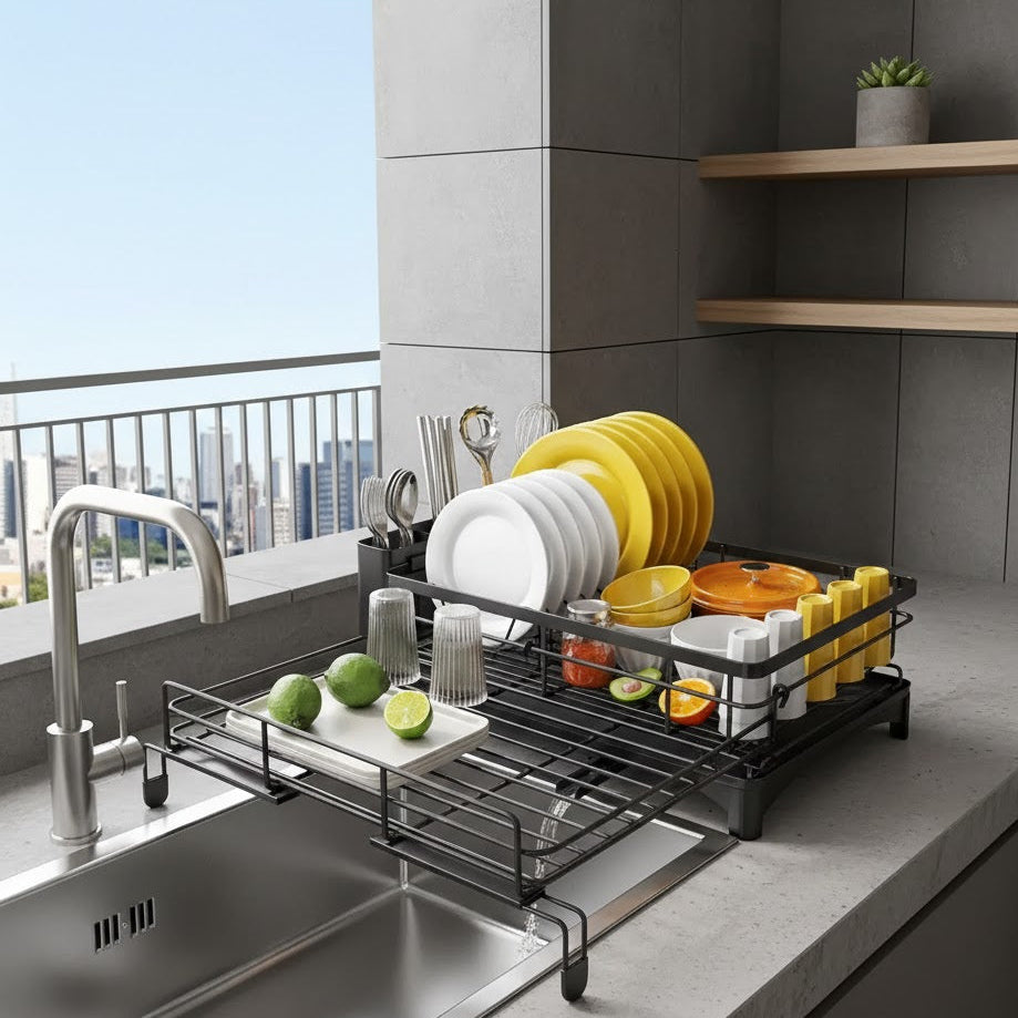 DRYHUB - Asciugapiatti in Acciaio Inossidabile di Alta Qualità con Lavabo Efficiente e Slot per Posate