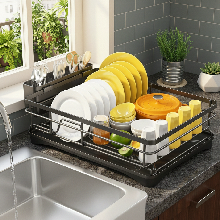 DRYHUB - Asciugapiatti in Acciaio Inossidabile di Alta Qualità con Lavabo Efficiente e Slot per Posate