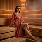 GINKOROBE - Accappatoio kimono reversibile in cotone biologico con motivo foglia di ginkgo per comfort traspirante ed eleganza naturale senza tempo