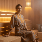 GINKOROBE - Accappatoio kimono reversibile in cotone biologico con motivo foglia di ginkgo per comfort traspirante ed eleganza naturale senza tempo