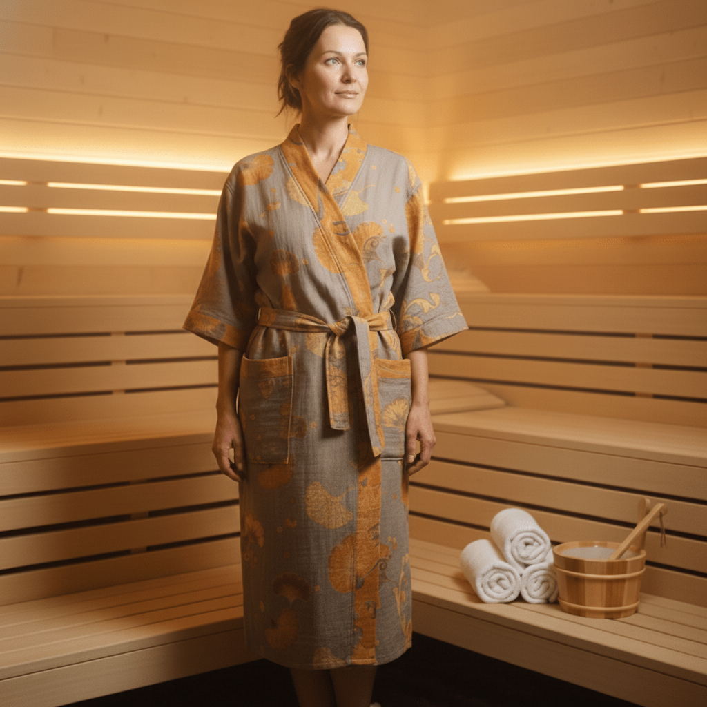 GINKOROBE - Accappatoio kimono reversibile in cotone biologico con motivo foglia di ginkgo per comfort traspirante ed eleganza naturale senza tempo