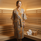 GINKOROBE - Accappatoio kimono reversibile in cotone biologico con motivo foglia di ginkgo per comfort traspirante ed eleganza naturale senza tempo