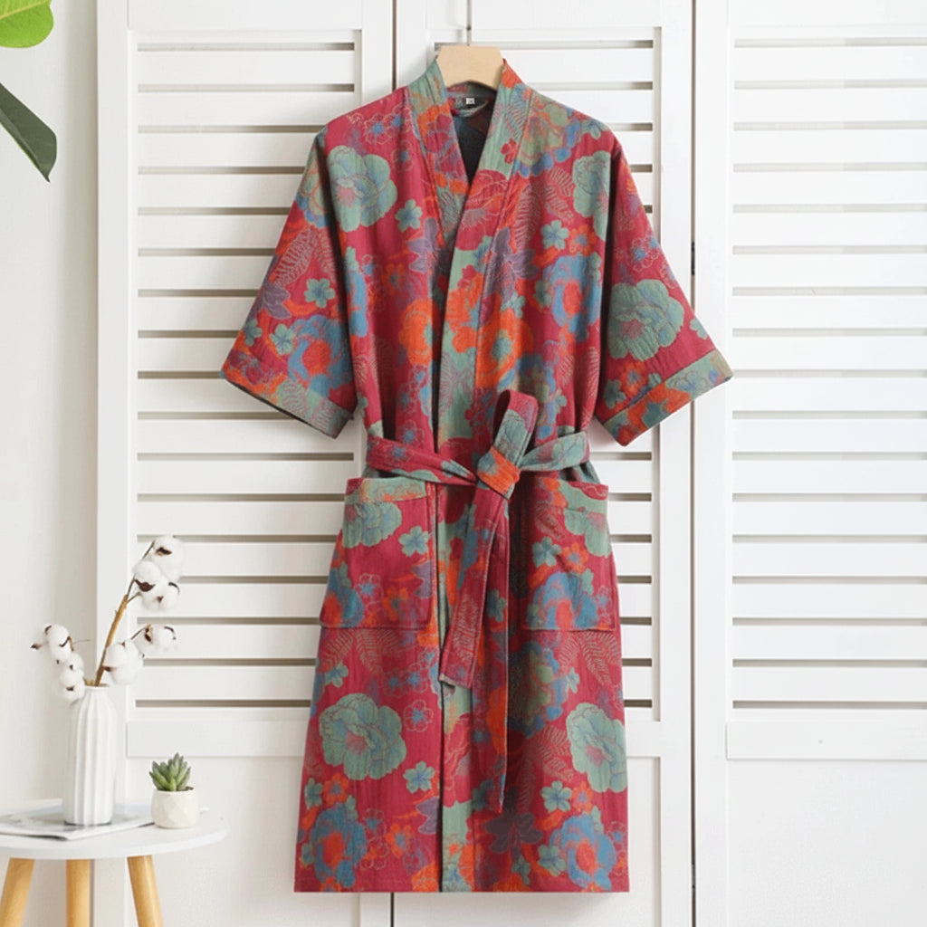 GINKOROBE - Accappatoio kimono reversibile in cotone biologico con motivo foglia di ginkgo per comfort traspirante ed eleganza naturale senza tempo