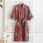 GINKOROBE - Accappatoio kimono reversibile in cotone biologico con motivo foglia di ginkgo per comfort traspirante ed eleganza naturale senza tempo