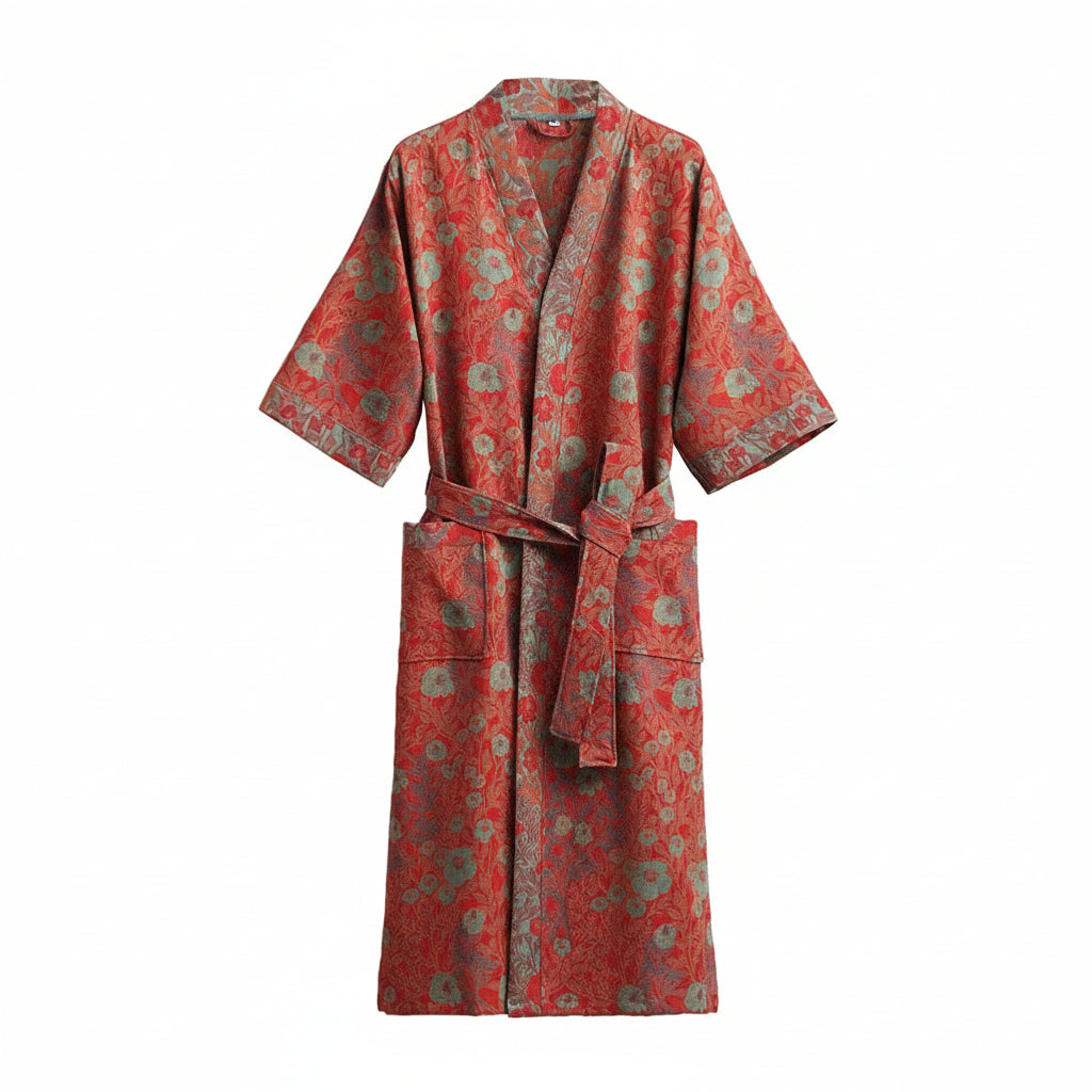 GINKOROBE - Accappatoio kimono reversibile in cotone biologico con motivo foglia di ginkgo per comfort traspirante ed eleganza naturale senza tempo