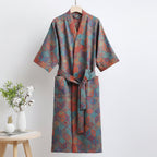 GINKOROBE - Accappatoio kimono reversibile in cotone biologico con motivo foglia di ginkgo per comfort traspirante ed eleganza naturale senza tempo