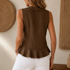 Vellara – Blusa senza maniche con rouches e scollo a V con fiocco e orlo peplum