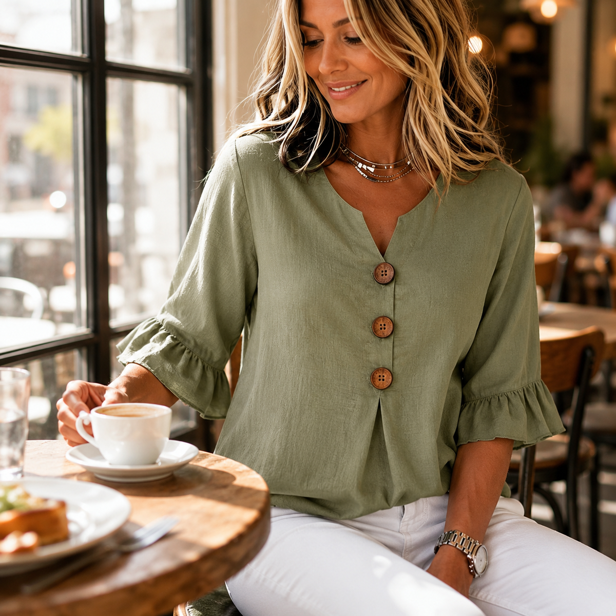 Laurelle – Blusa con maniche a volant e scollo a V con bottoni