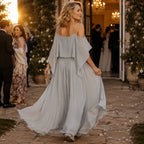 Solavia – Maxidress in chiffon simile con spalle scoperte per matrimoni ed eventi formali