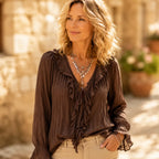 Maelora – Blusa a maniche lunghe con scollo a V e volant arricciati