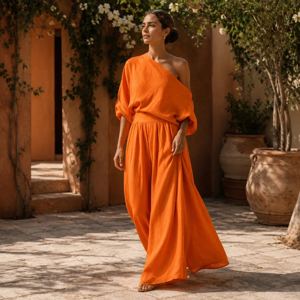 Solendra – Top Coordinato a Spalla Unica e Pantaloni Ampi Fluttuanti