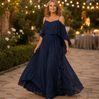 Solavia – Maxidress in chiffon simile con spalle scoperte per matrimoni ed eventi formali