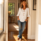 Laurelle – Blusa con maniche a volant e scollo a V con bottoni