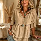 Meloria – Top Babydoll Bohemien con Ritagli a Occhiello e Orlo Frangiato