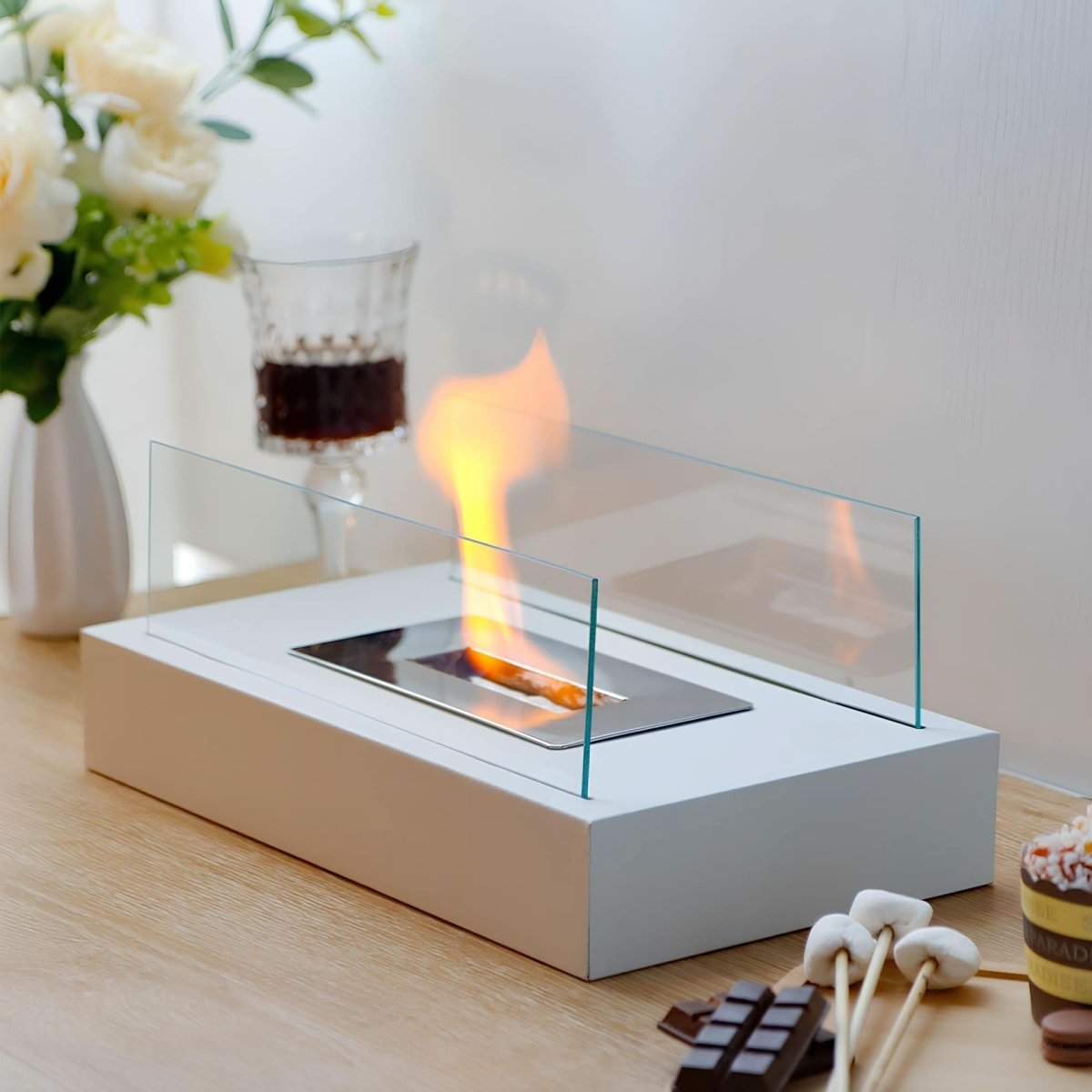 BLAZEORA - Camino da tavolo portatile a bioetanolo con fiamma a combustione pulita, progettato per un calore ambientale moderno e un elegante arredamento interno/esterno