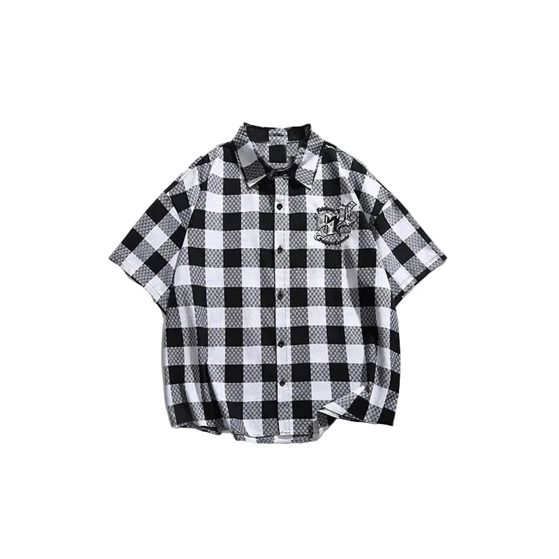 Camicia a maniche corte a scacchi nera e bianca da uomo