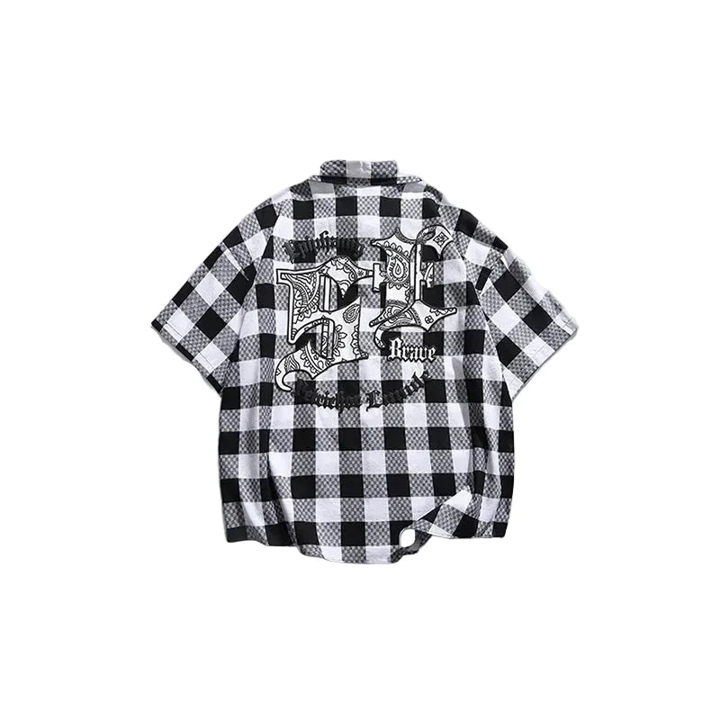 Camicia a maniche corte a scacchi nera e bianca da uomo