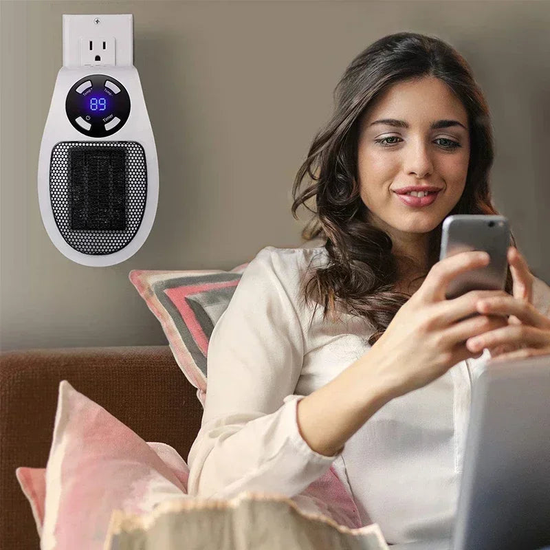 ThermoEase 350W Riscaldatore Compatto | Riscaldamento a presa a muro con telecomando | Display LED & Timer | Spina girevole a 180°