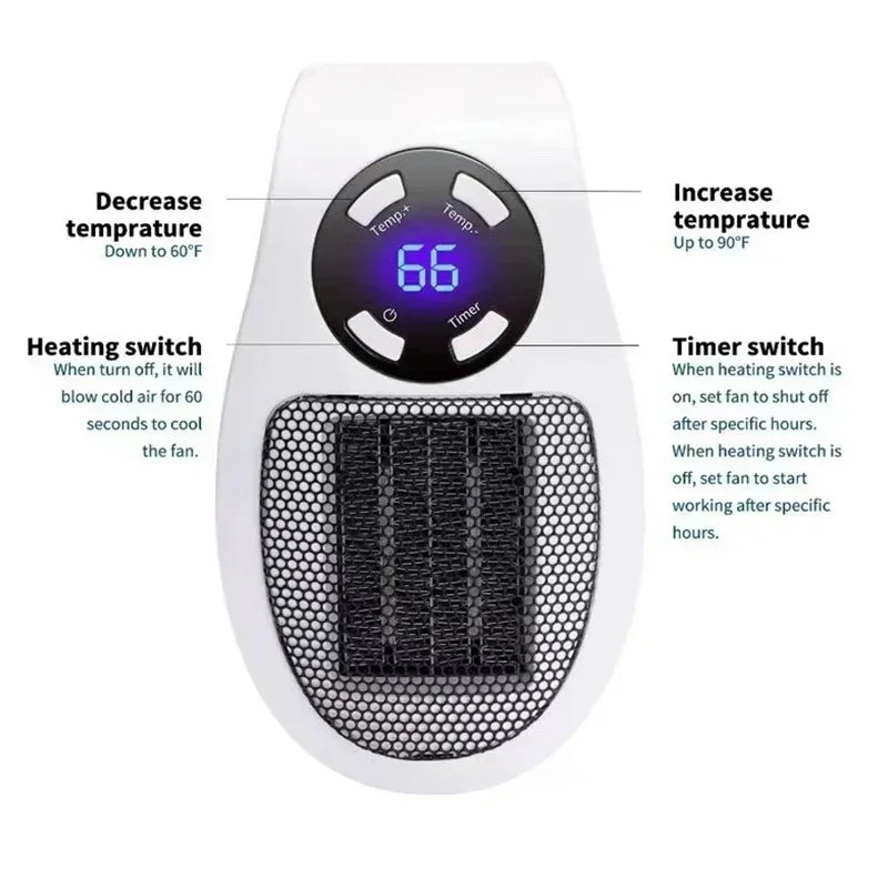ThermoEase 350W Riscaldatore Compatto | Riscaldamento a presa a muro con telecomando | Display LED & Timer | Spina girevole a 180°