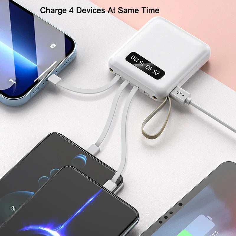 Mini-Powerbank con Display a Specchio | 20.000 mAh | Funzione di Ricarica Rapida & Cavi Integrati | Per iPhone, Samsung, Xiaomi e altro