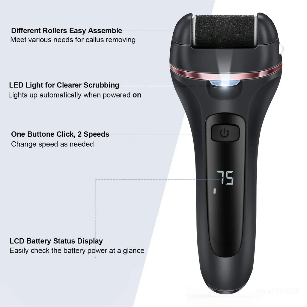 Rimuovi calli elettrico Pediluxe Pro | Con 3 testine abrasive, LED & LCD | Ricaricabile & impermeabile IPX7 | Per piedi lisci e curati