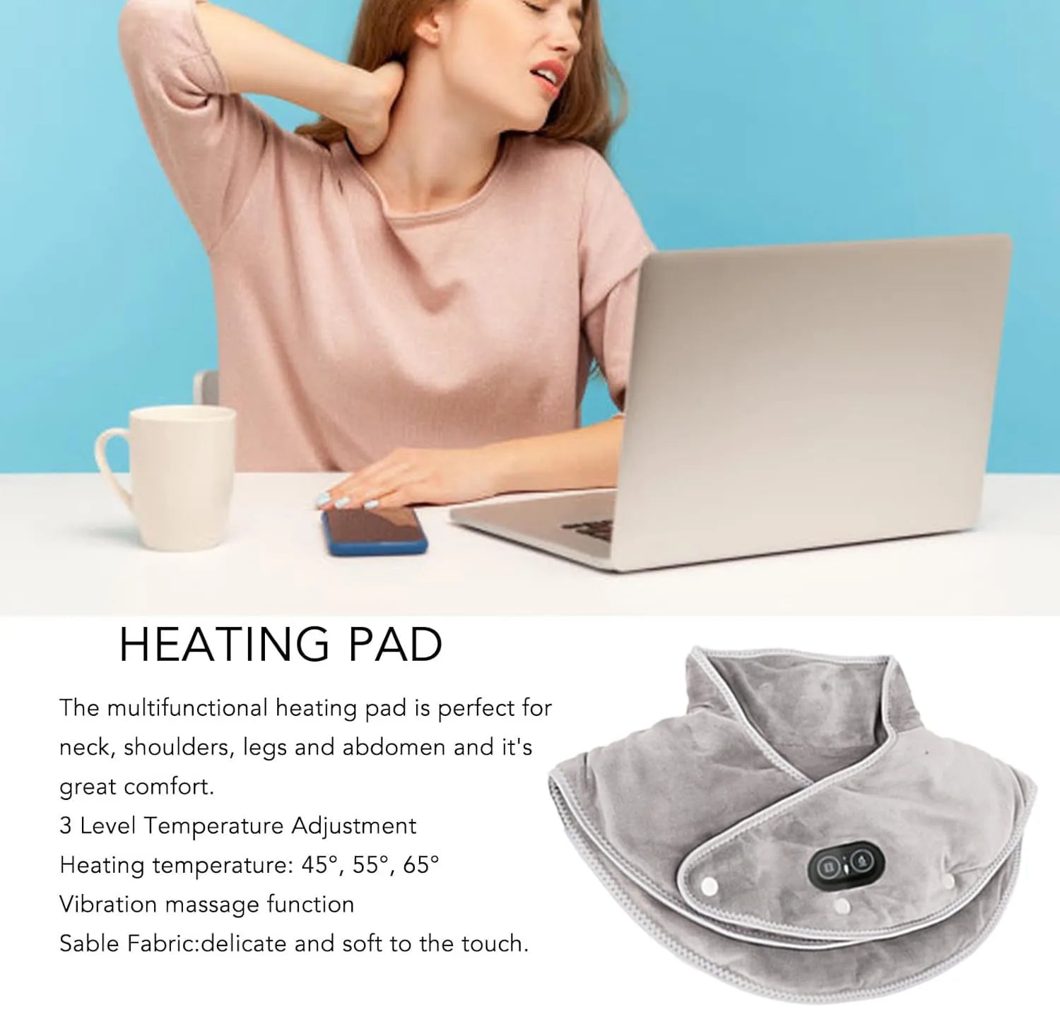 Massaggiatore Termico per Collo e Spalle ThermoLiva | Cuscino Riscaldante USB con Vibrazione | 3 Livelli di Temperatura & Timer | Morbido Pile