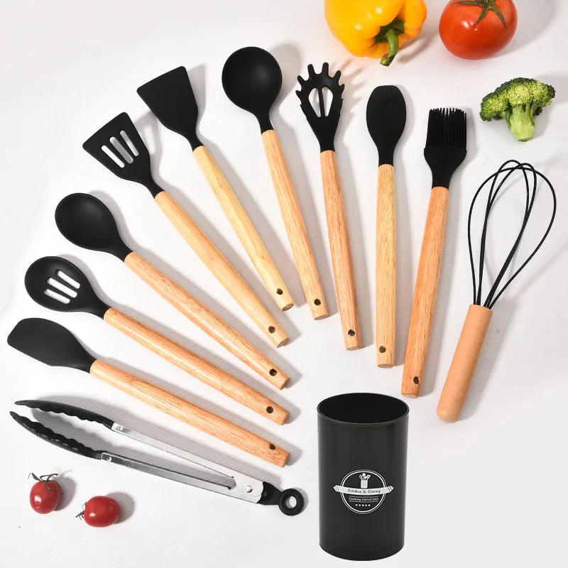 Set di Utensili da Cucina Culinora in Silicone | Resistente al Calore fino a 230 °C | 12 Pezzi con Manici in Legno | Frusta, Spatola, Pinza & Altro