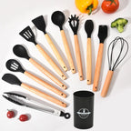 Set di Utensili da Cucina Culinora in Silicone | Resistente al Calore fino a 230 °C | 12 Pezzi con Manici in Legno | Frusta, Spatola, Pinza & Altro