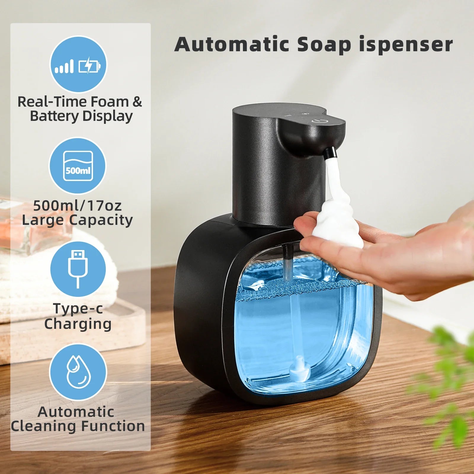 Dispenser di sapone automatico Foamello | Montaggio a parete | 500 ml | Ricaricabile e senza contatto | Funzione schiumosa a sensore