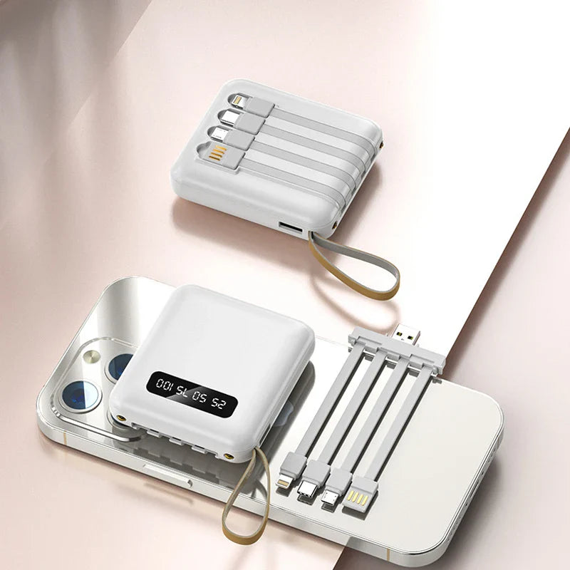 Mini-Powerbank con Display a Specchio | 20.000 mAh | Funzione di Ricarica Rapida & Cavi Integrati | Per iPhone, Samsung, Xiaomi e altro