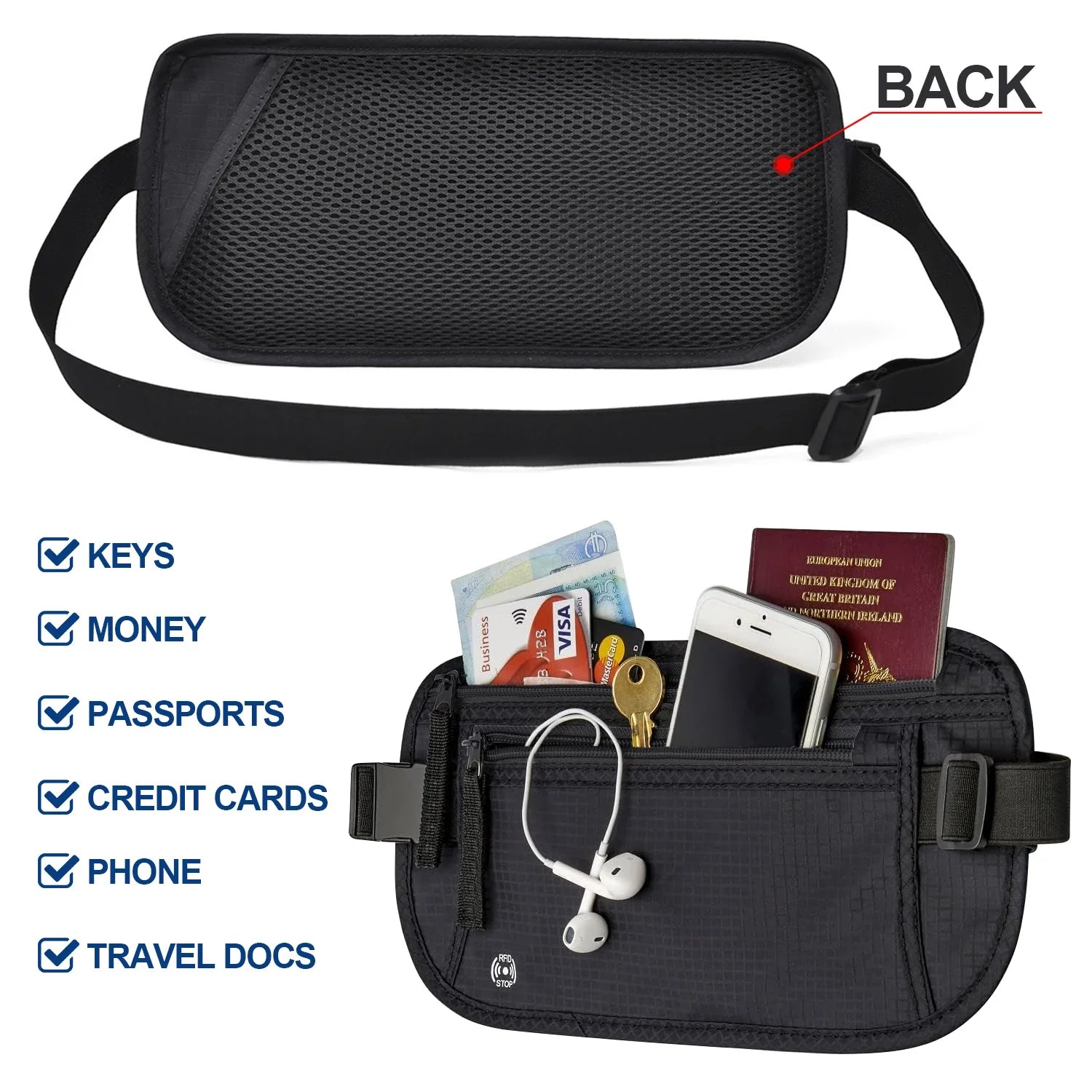 SafeTraveler Marsupio | Protezione RFID | Tasca di sicurezza nascosta | Per donne e uomini