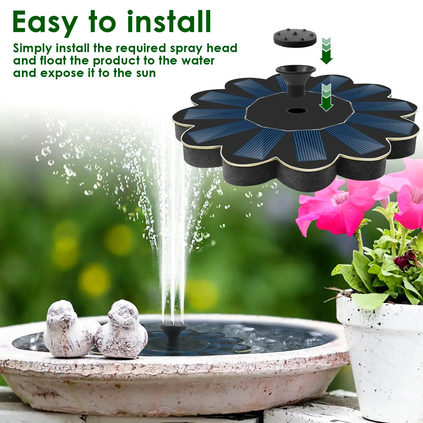 Fontana da giardino solare Spring | 5 ugelli intercambiabili | Risparmio energetico e senza manutenzione | Per laghetto, abbeveratoio per uccelli e balcone
