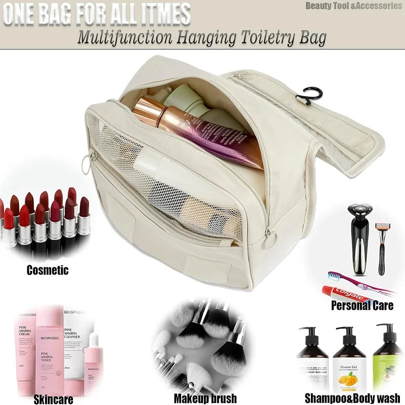 Beauty case da viaggio appeso | 6 scomparti & scomparto per umidità | Compatto & Versatile | Poliestere idrorepellente