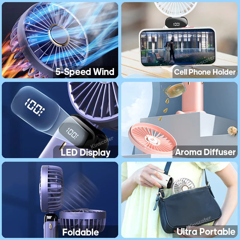 AERIONIQ Mini-Ventilatore 3-in-1 | Display LED | 5 Velocità | Batteria con Funzione Powerbank | Portatile & da Appoggiare