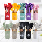 Set di Utensili da Cucina Culinora in Silicone | Resistente al Calore fino a 230 °C | 12 Pezzi con Manici in Legno | Frusta, Spatola, Pinza & Altro