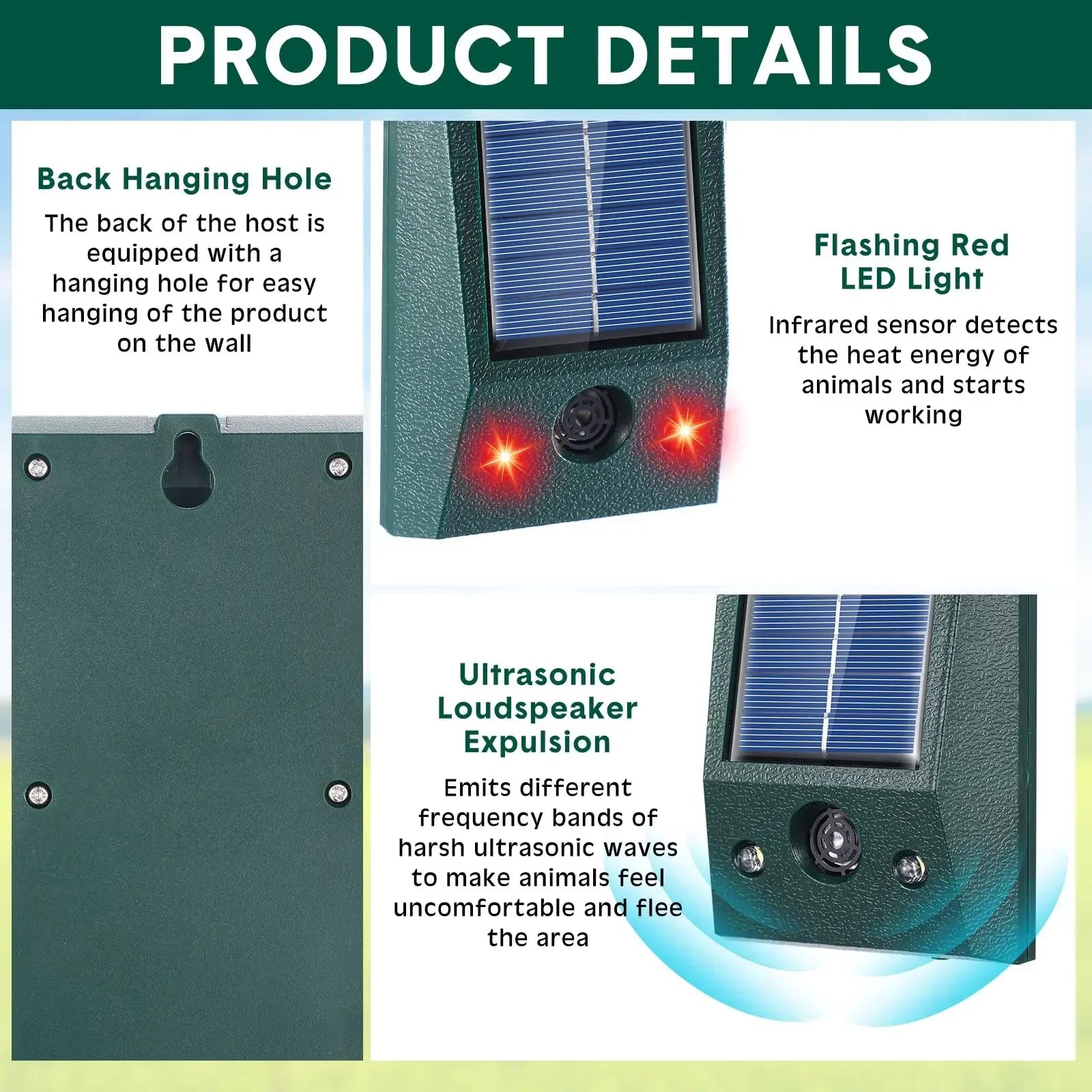 SolarGuardix Repellente per Uccelli ad Ultrasuoni Solare | Con LED e Sensore di Movimento | Impermeabile IP58 | Copertura di 600 m²