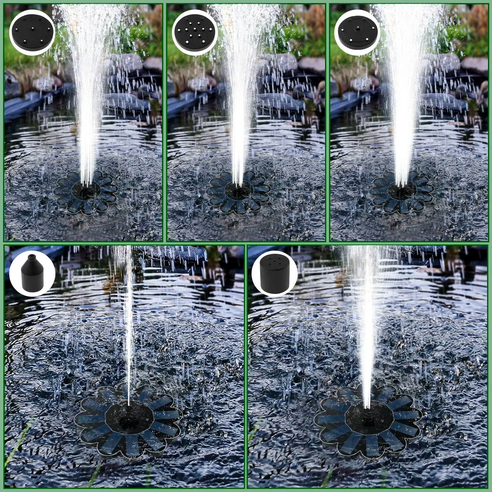 Fontana da giardino solare Spring | 5 ugelli intercambiabili | Risparmio energetico e senza manutenzione | Per laghetto, abbeveratoio per uccelli e balcone