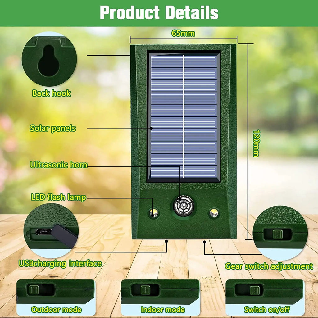SolarGuardix Repellente per Uccelli ad Ultrasuoni Solare | Con LED e Sensore di Movimento | Impermeabile IP58 | Copertura di 600 m²