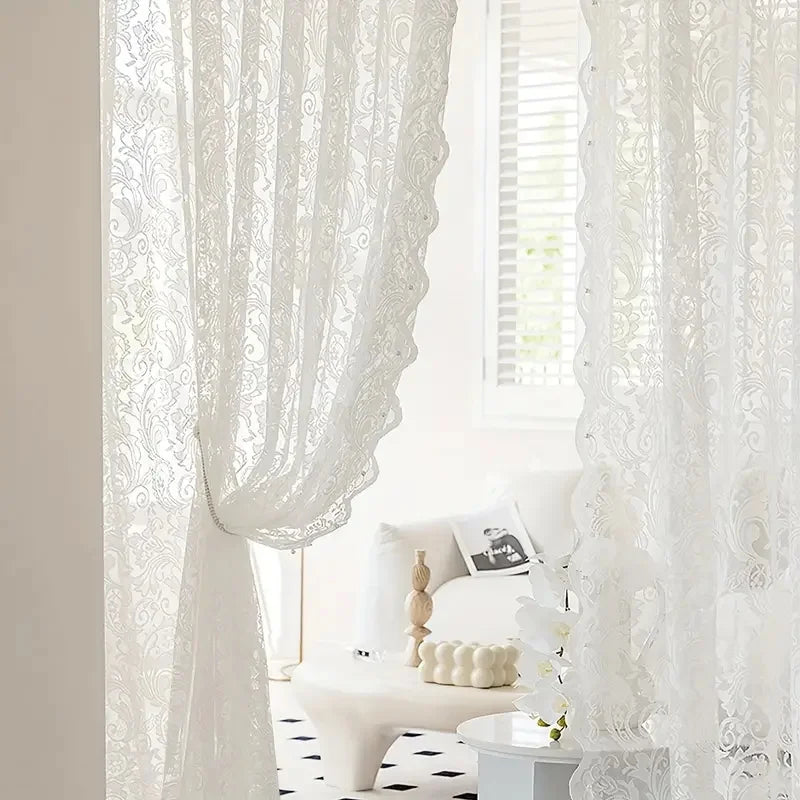 VELORÉE - Tenda in Pizzo Stile Country Francese con Dettaglio della Coda di Fenice con Perline