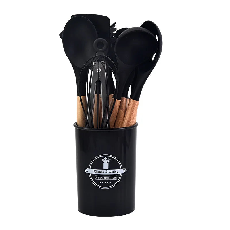 Set di Utensili da Cucina Culinora in Silicone | Resistente al Calore fino a 230 °C | 12 Pezzi con Manici in Legno | Frusta, Spatola, Pinza & Altro