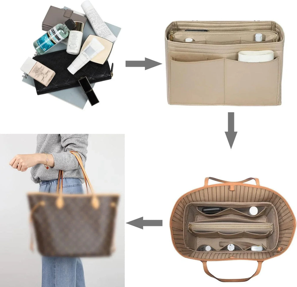 TaschenLuxe Organizer Inlay | Inserto in feltro con cerniera | 15 scomparti & cordino per chiavi | Per borse e shopper