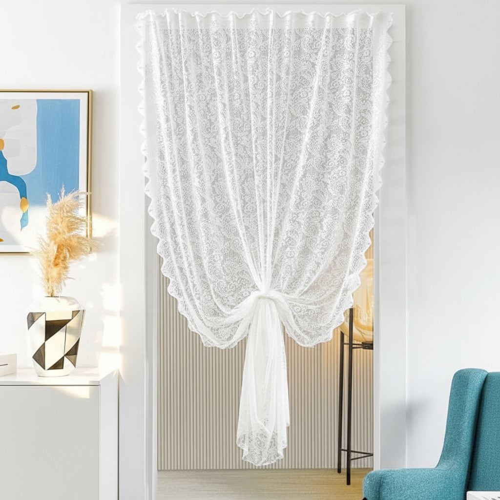 VELORÉE - Tenda in Pizzo Stile Country Francese con Dettaglio della Coda di Fenice con Perline