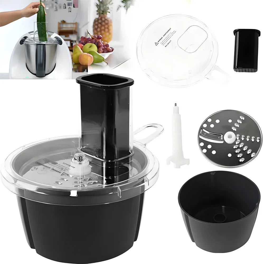 MixWerk Thermomix Set di Taglio per TM6 & TM5 | Affettaverdure & Grattugia per Formaggio | Accessorio per Affettare Ravanelli & Patate Dolci | Accessorio con Contenitore