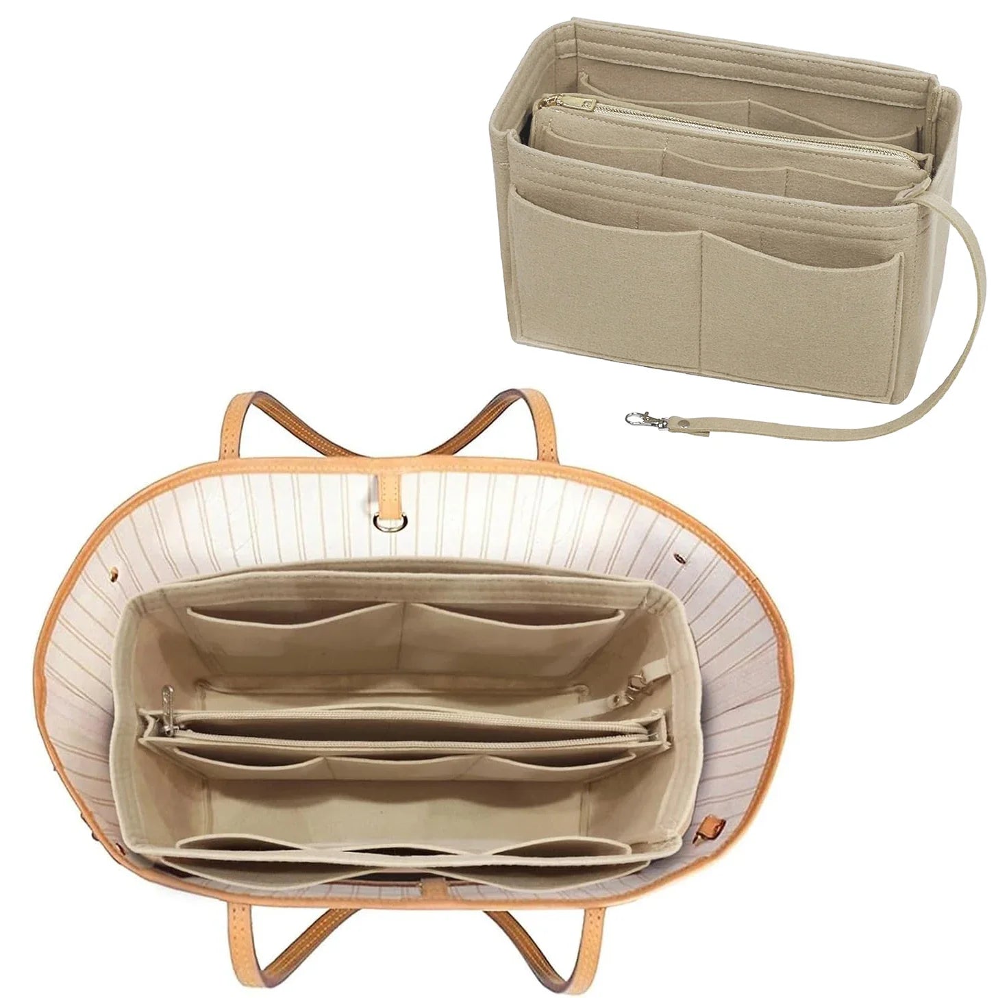 TaschenLuxe Organizer Inlay | Inserto in feltro con cerniera | 15 scomparti & cordino per chiavi | Per borse e shopper