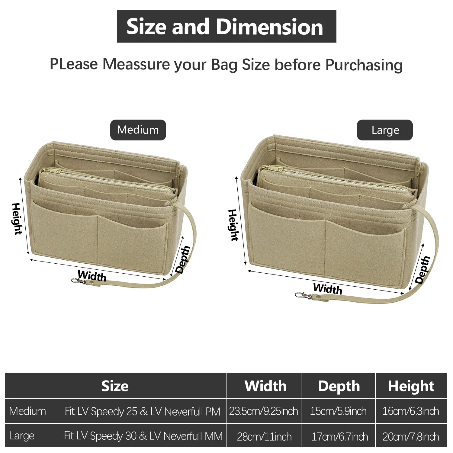 TaschenLuxe Organizer Inlay | Inserto in feltro con cerniera | 15 scomparti & cordino per chiavi | Per borse e shopper