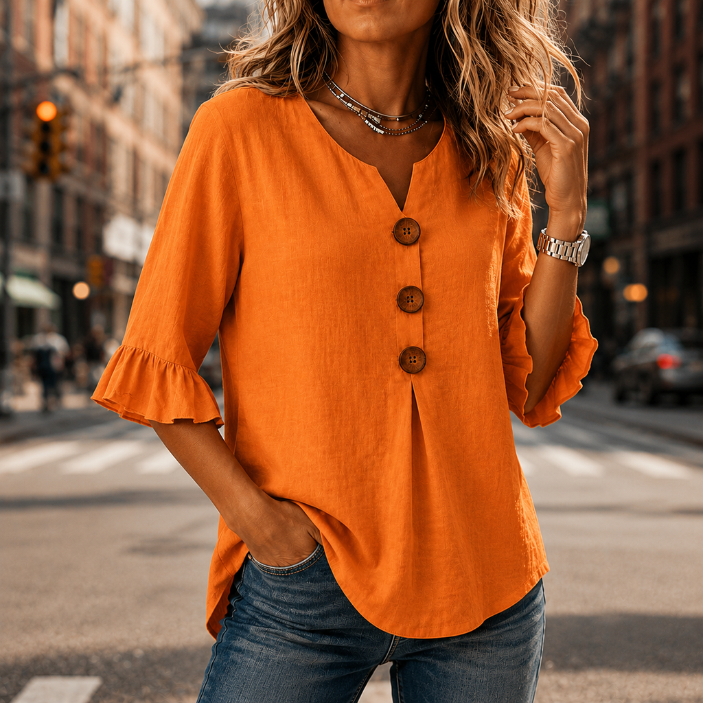 Laurelle – Blusa con maniche a volant e scollo a V con bottoni