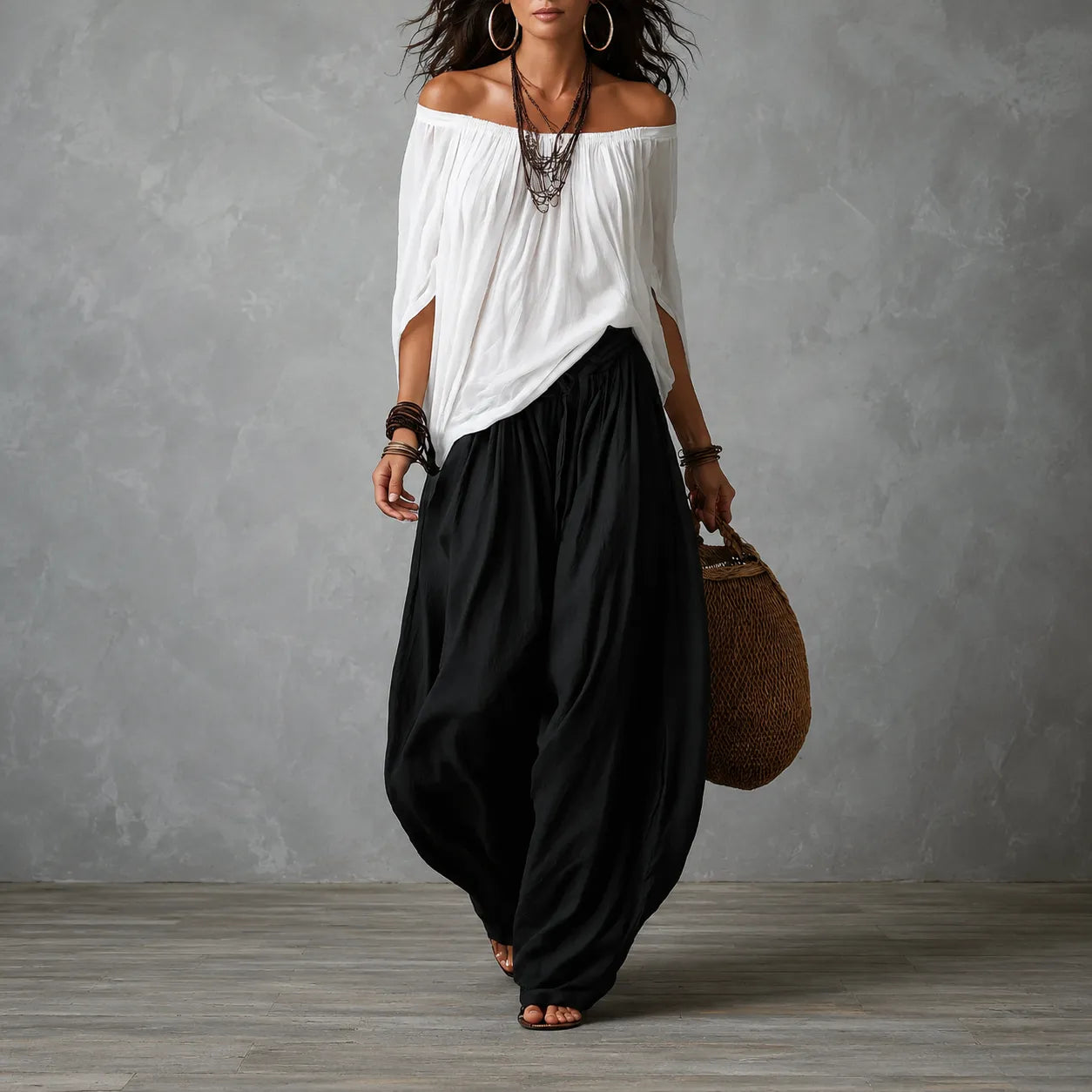 Solenza – Top Boho Off-Shoulder e Pantaloni Lantern per Donne