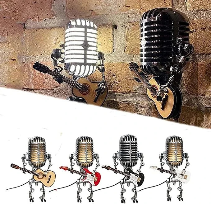 Robot Microfono Vintage in Metallo con Lampada a Chitarra