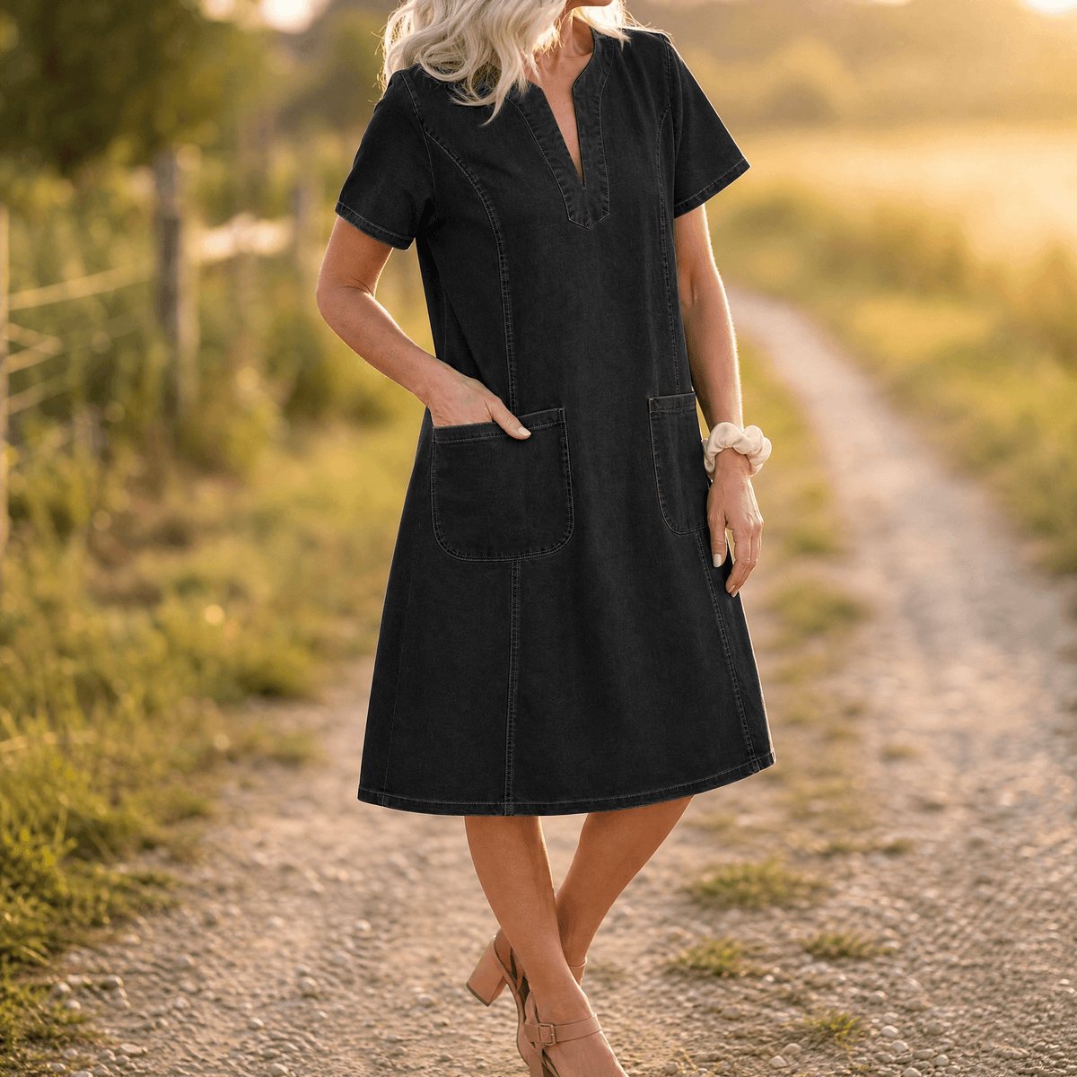 Aurelene – Vestito in denim con scollo a V e tasche per donna